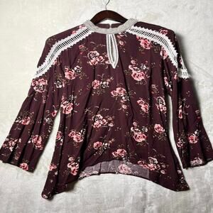 Burgundy Boho Floral Blouse Whimsical Top Crocheted Accent Large BKE Boutique